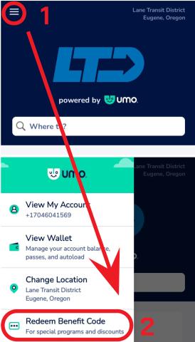 Umo app image showing how to redeem your benefit code by selecting the menu button in the upper left corner, then the redeem benefit code button in the menu on the left of the screen.